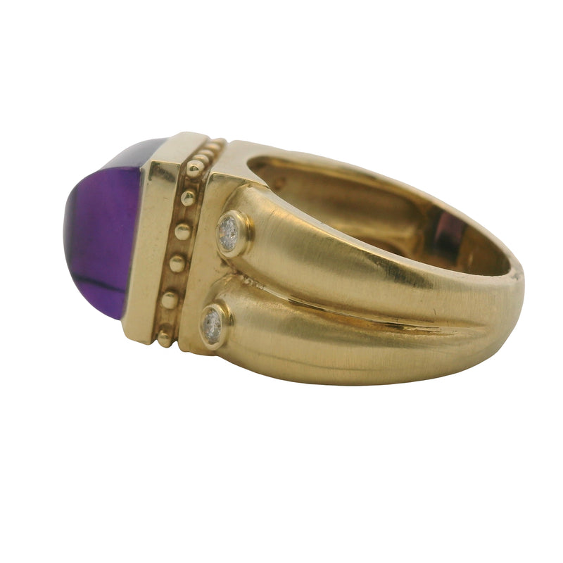Anillo de oro amarillo macizo de 14 kt con amatista Sugarloaf y 4 diamantes de acento, talla 6.5