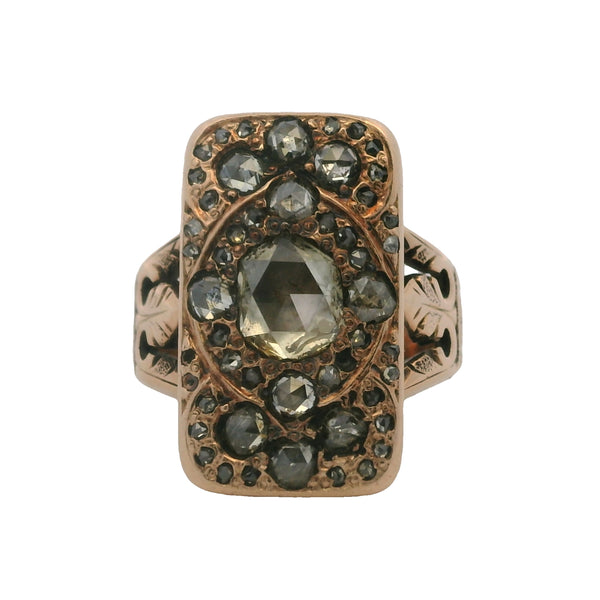 Antique Victorian 1884 Solid 14kt Rose Gold and Closed-Back Rose Cut Diamond Cluster Shield Ring Size 4.75