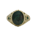 Vintage 1970s Victorian Revival 14kt Yellow Gold and Black Opal Gemstone Signet Ring with Emerald Sides Size 10
