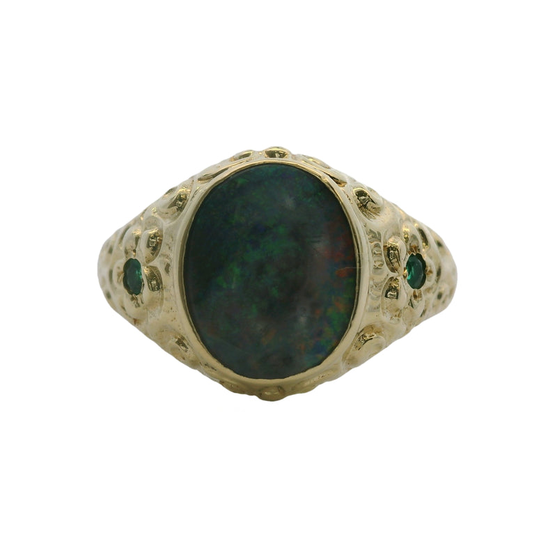 Vintage 1970s Victorian Revival 14kt Yellow Gold and Black Opal Gemstone Signet Ring with Emerald Sides Size 10