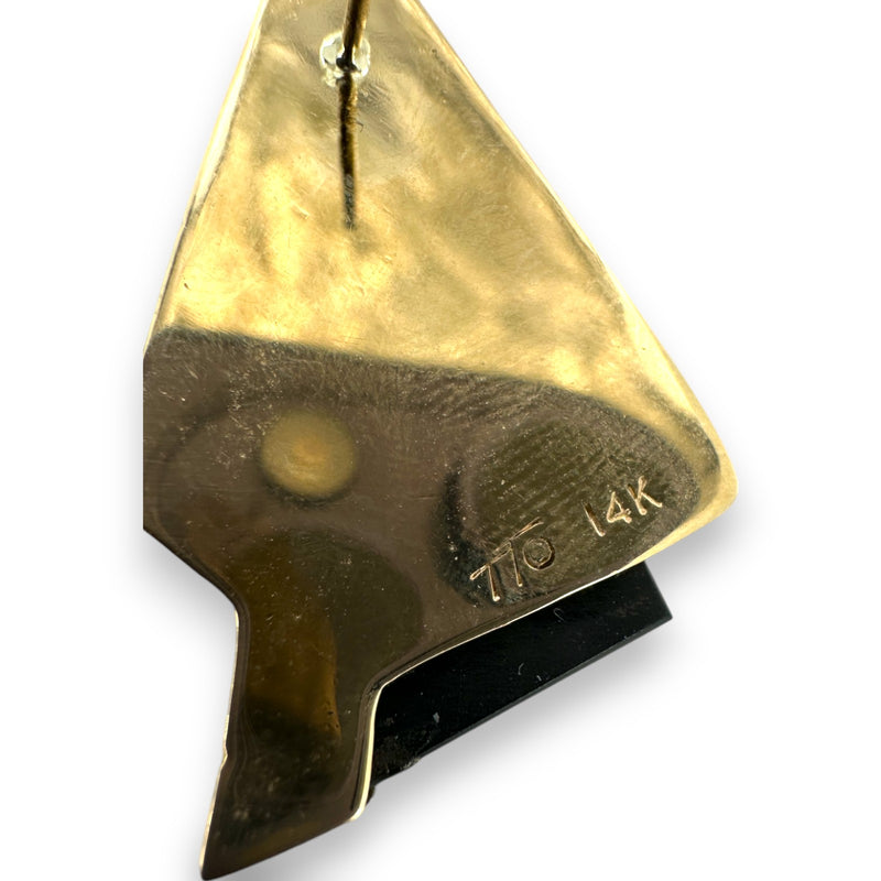 Vintage Solid 14kt Yellow Gold and Onyx 1.3" Long Abstract Triangle Stud Earrings