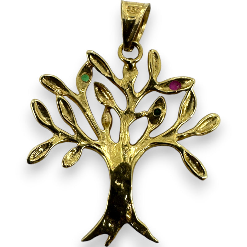 Solid 14kt Yellow Gold Family Tree/Tree of Life Necklace Pendant with One Lab Ruby and 2 Lab Emeralds