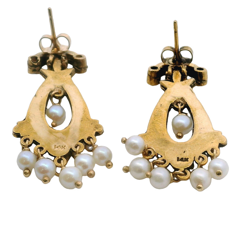 Vintage Victorian Revival 14kt Yellow Gold and Freshwater Seed Pearl Drop/Dangle Earrings