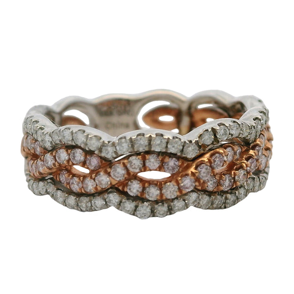 Solid 14kt White and Rose Gold Diamond Pave Twist 6.8mm Stackable Band Size 6