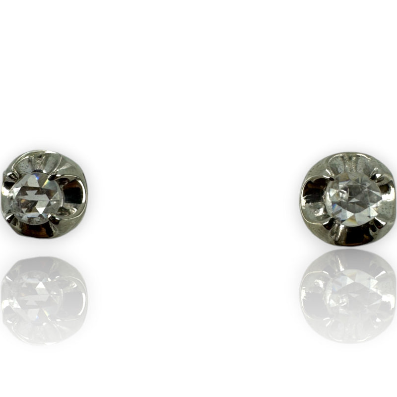Vintage 14kt Solid White Gold Belcher-Setting with Antique Rose-Cut Diamond 8.2mm Stud Earrings