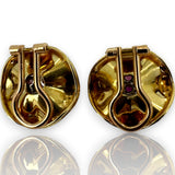 Vintage 1940s-50s 18kt Solid Yellow Gold Clip-On Earrings Florentine Finish With Rubies