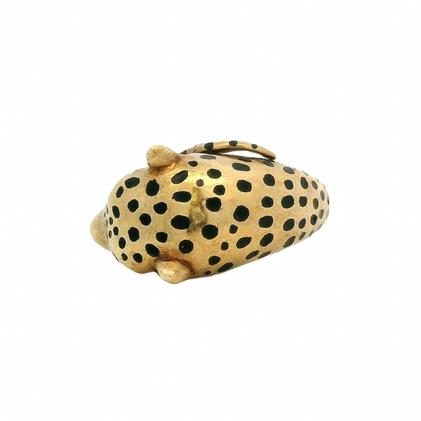 Vintage 1980s EFFY 18kt Solid Yellow Gold and Black Enamel Cheetah Ring with Ruby Eyes Size 7.25