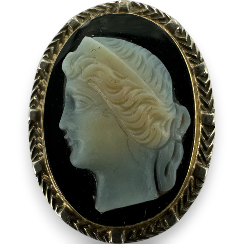 Antique Victorian 10kt Yellow Gold Black and White Onyx Cameo Stick Lapel Pin