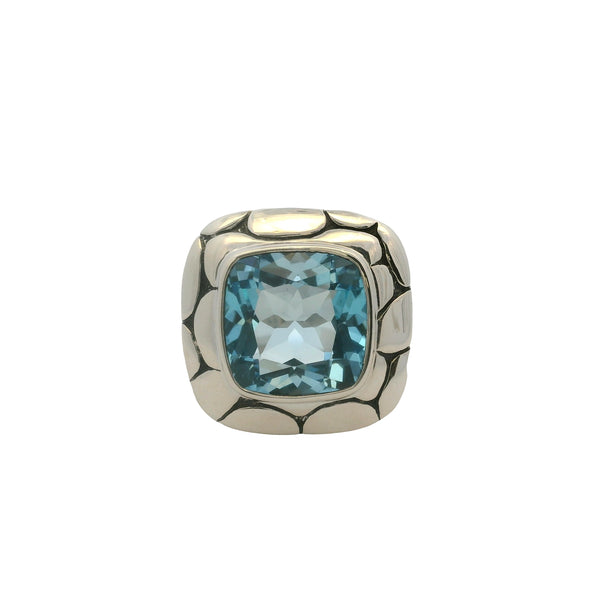 John Hardy 925 Sterling Silver Blue Topaz Batu Kali Pebble Square Cocktail Ring Size 9.5