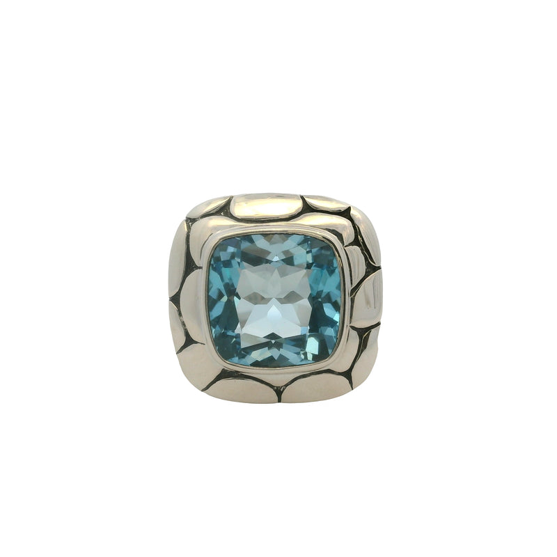 John Hardy 925 Sterling Silver Blue Topaz Batu Kali Pebble Square Cocktail Ring Size 9.5