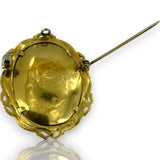 Vintage 1940-1950s 18kt Solid Yellow Gold Hand-Painted Portrait Brooch with Genuine Emerald and Diamonds Made In Italy