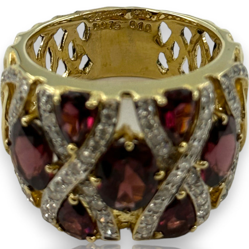 Ciemme Large Luxury Cocktail Ring with Rhodalite Garnets and Natural Diamonds Solid 14k Yellow Gold Size 9.5