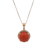 Solid 14kt Rose Gold 16mm Round Coral Pendant with Diamond Halo on 20" Thin Box Chain