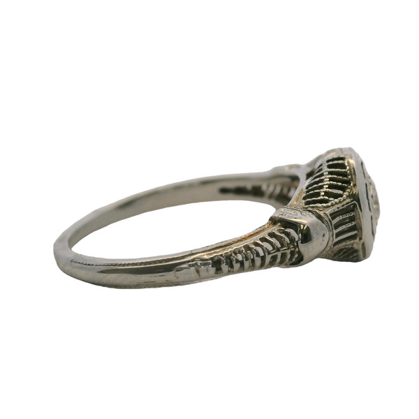 1920s Art Deco Solid 18kt White Gold and 0.15ct Diamond Solitaire Filigree Ring Size 6