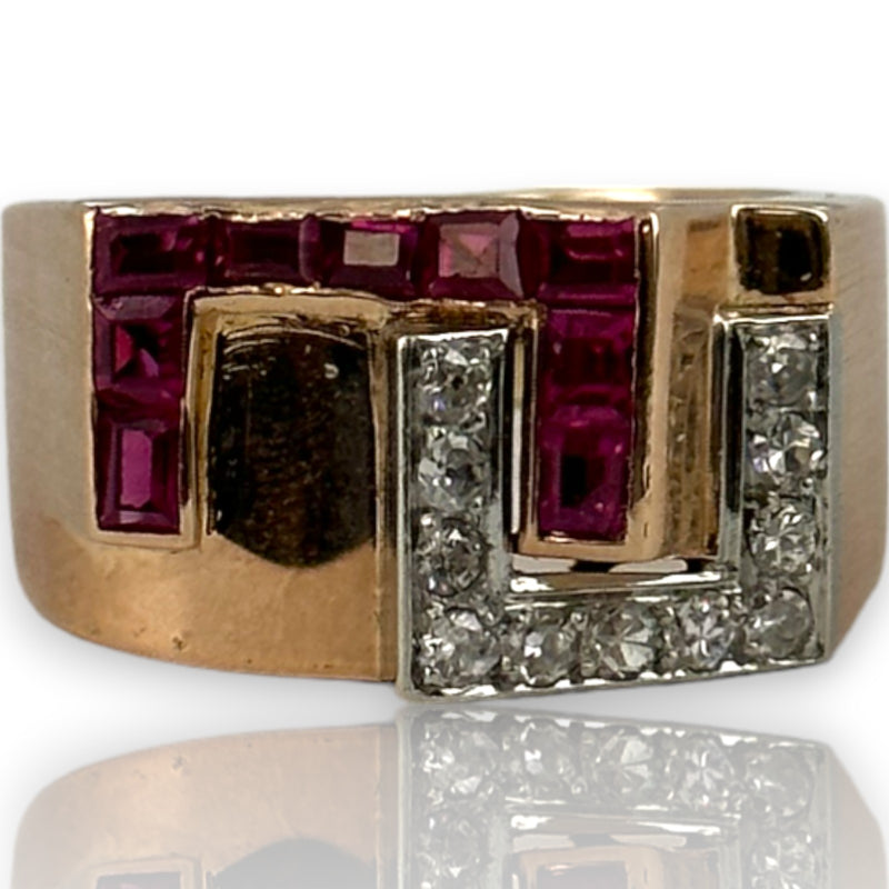 Retro Era 1930s 14kt Rose Gold Interlocking Diamond and Lab Ruby Tank Ring
