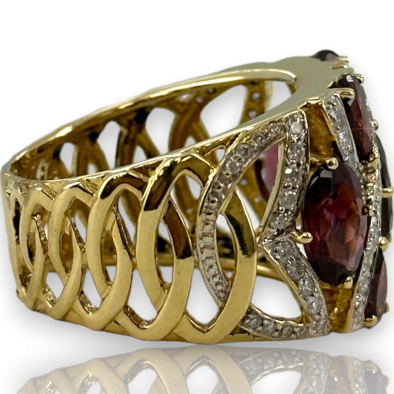 Ciemme Large Luxury Cocktail Ring with Rhodalite Garnets and Natural Diamonds Solid 14k Yellow Gold Size 9.5