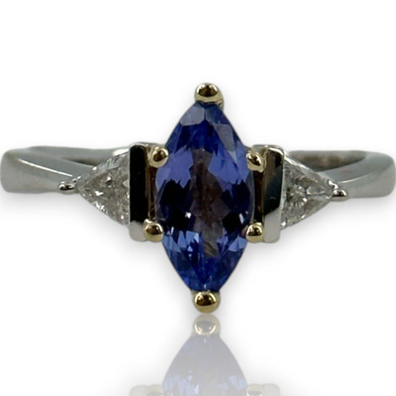 SNB Jewelry 14kt White and Yellow Gold Marquise Tanzanite Ring with Trillion Cut Diamond Sides Size 7.75