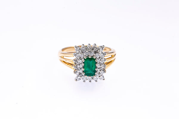 Emerald & Diamond Cluster14K 585 Yellow & White Gold Ring Size 6 1/2