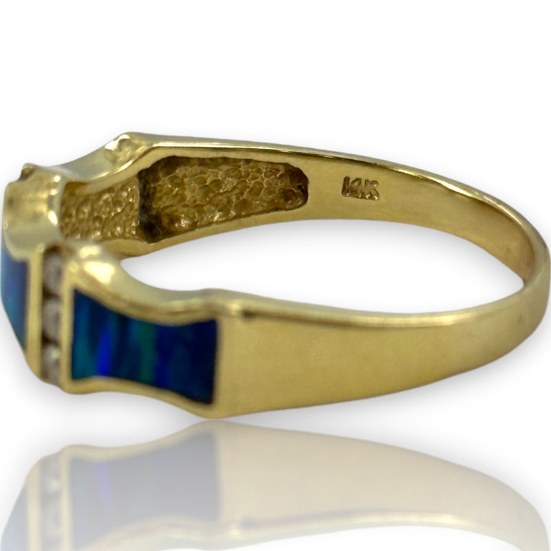 Anillo apilable de moda en oro amarillo macizo de 14 kt y ópalo negro de laboratorio con 6 diamantes, talla 9.5