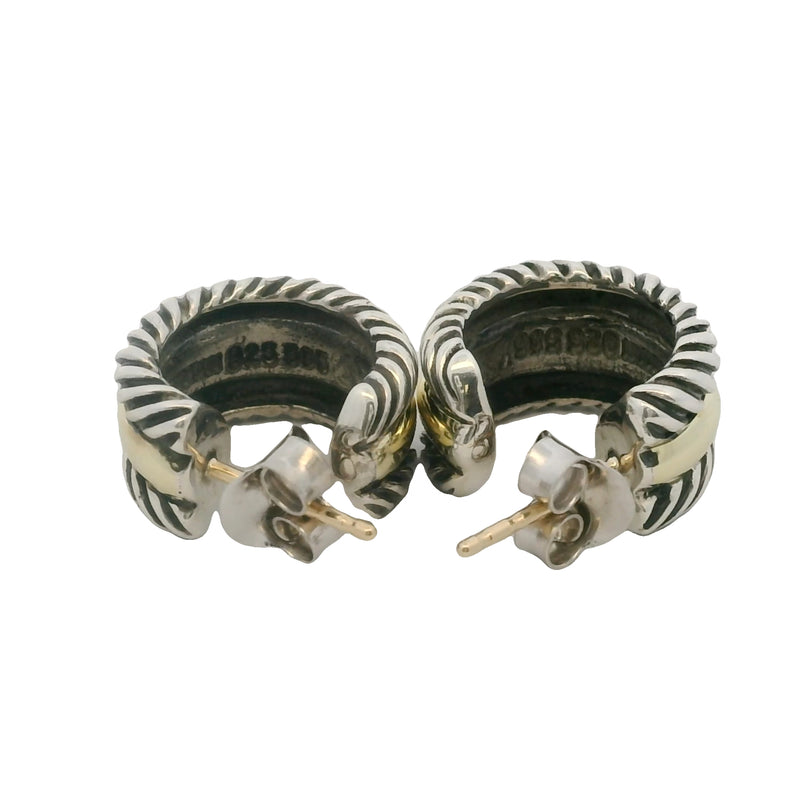 David Yurman Cable Collectibles 925 Sterling and 14k Yellow Gold Huggie Hoops Earrings