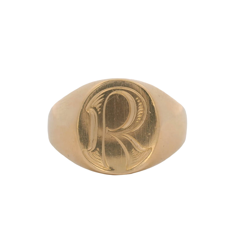 Vintage Solid 18kt Rose Gold Simple Oval "R" Block Lettering Signet Ring Size 7
