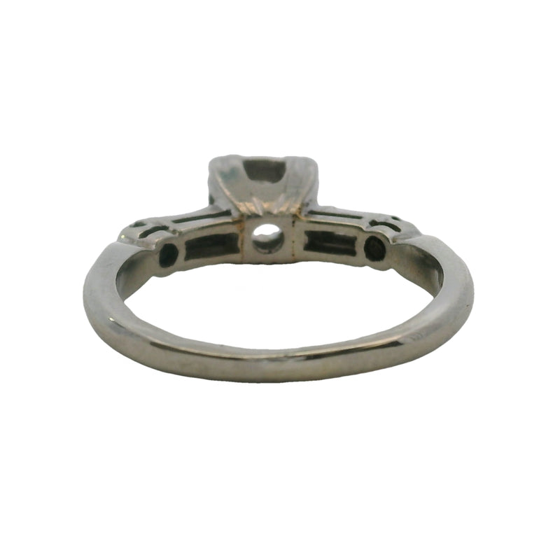 Vintage 1940-50s 14kt White Gold Diamond Solitaire Ring with Baguette Diamond Accents Size 5.5