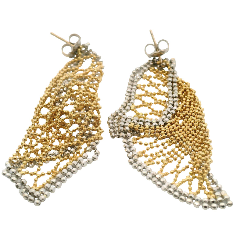 Vintage Italian Solid 18kt Yellow and White Gold Net Fabric Woven Long Drop/Dangle Earrings