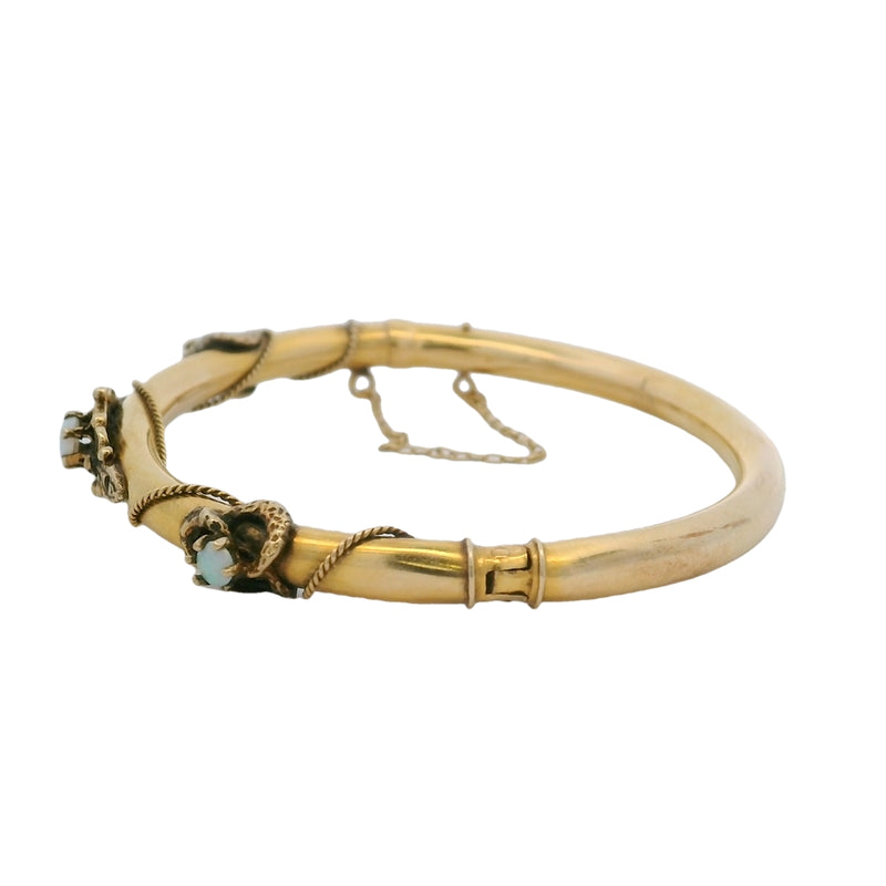 Antique Late Victorian Art Nouveau 14kt Yellow Gold and Cabochon Opal Rope Bangle Bracelet 6.5"