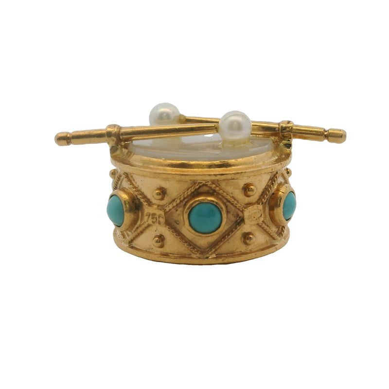 Sidra Jewels 18kt Yellow Gold Drum Pendant with Mother of Pearl, Turquoise, and Freshwater Pearls