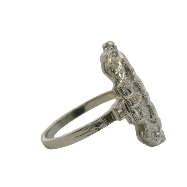 Antique 1920s Art Deco 14kt White Gold and Diamond 23mm Long Milgrain Filigree Dinner Ring Size 8.5