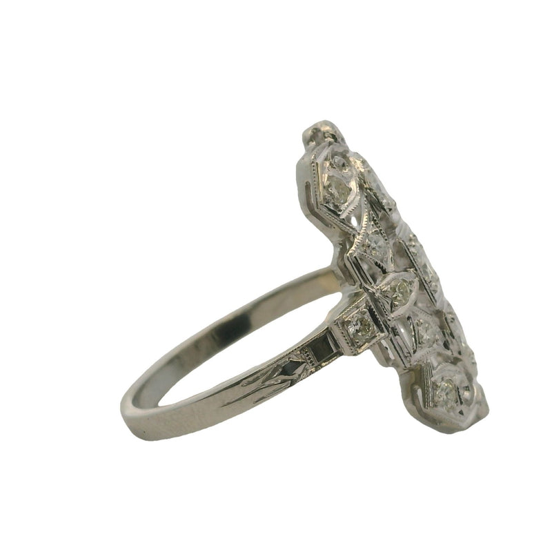 Antique 1920s Art Deco 14kt White Gold and Diamond 23mm Long Milgrain Filigree Dinner Ring Size 8.5