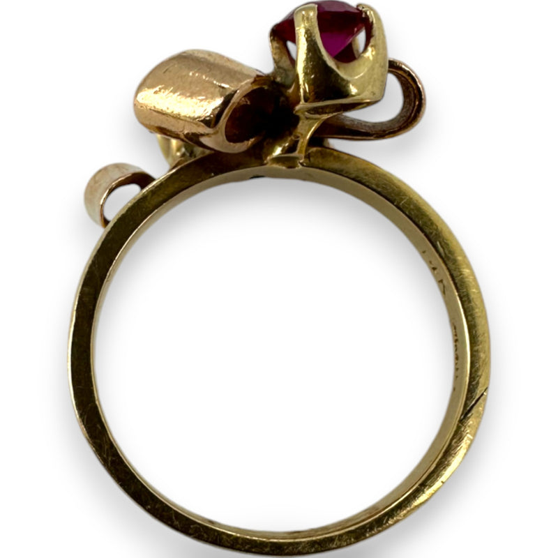 Retro 1930-40s Gochman & Held Solid 14kt Rose, Yellow, and White Gold Cocktail Ring with Old Mine Cut Diamonds and Lab Rubies Size 6
