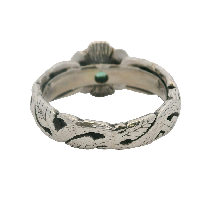 Anillo de hoja de flor en plata de ley 925 y oro amarillo de 18 kt con esmeralda central, talla 5