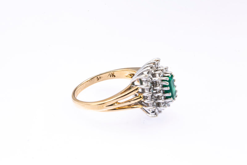 Emerald & Diamond Cluster14K 585 Yellow & White Gold Ring Size 6 1/2