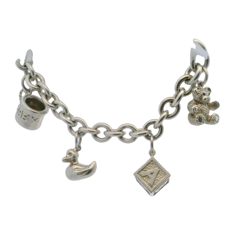Vintage 925 Sterling Silver Baby Charm Bracelet with Teddy, Cup, Block, Duckie, and Shoes