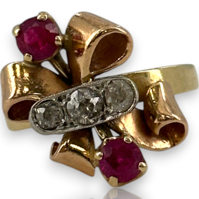 Retro 1930-40s Gochman & Held Solid 14kt Rose, Yellow, and White Gold Cocktail Ring with Old Mine Cut Diamonds and Lab Rubies Size 6