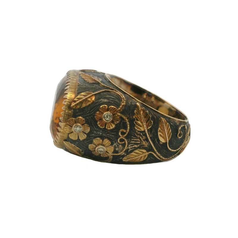 18kt Yellow Gold and Sterling Silver Ottoman Style Floral Motif Ring With Large 15ct Orange Citrine and Diamonds Size 8