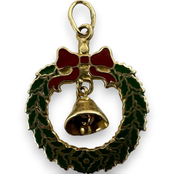 Vintage Enamel Christmas Holiday Wreath Charm Ringing Bell Pendant Solid 14kt Yellow Gold