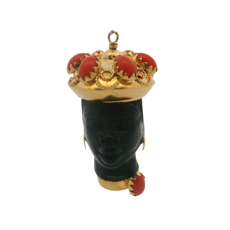 Antique Italian Solid 18kt Yellow Gold Ebony Wood and Coral Blackamoor Head Pendant