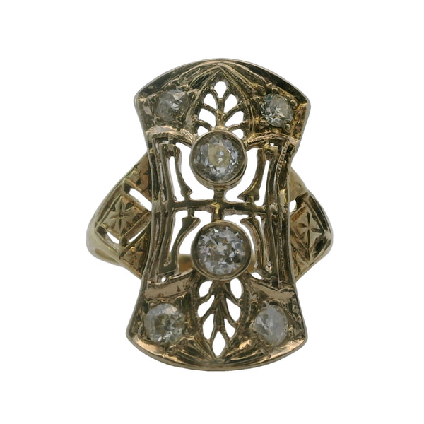 Antique C1900-1920 Early Art Deco Solid 14kt Yellow Gold Filigree Old European Diamond Cocktail Dinner Ring Size 5.5
