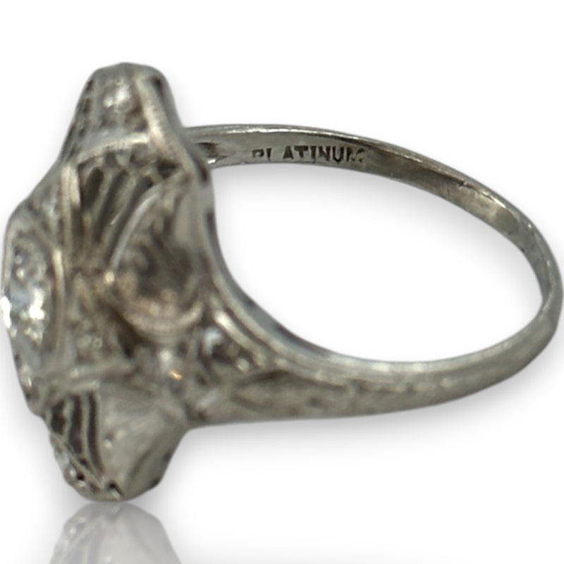 1920s 900 Platinum Art Deco Era Filigree 18mm Dinner Ring with 0.32ctw Diamonds and Milgrain Openwork Details Size 5.75
