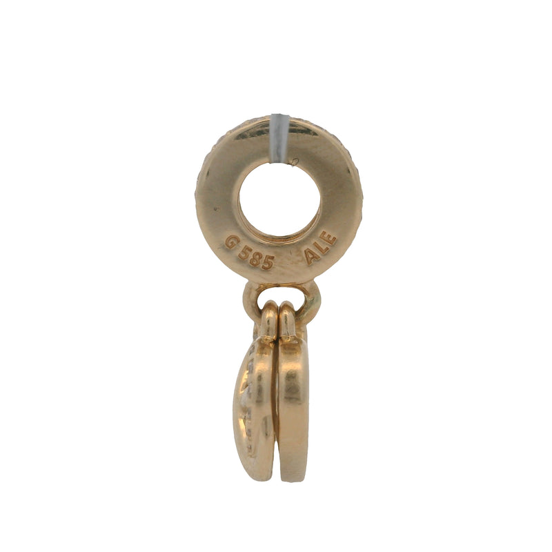 Charm colgante Pandora de oro amarillo macizo de 14 kt con circonitas cúbicas y esmalte con forma de corazón infinito.