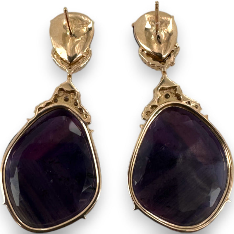 JRG Unique Solid 18kt Rose Gold Thin-Sliced Amethyst and Diamond 1.8" Long Drop/Dangle Earrings