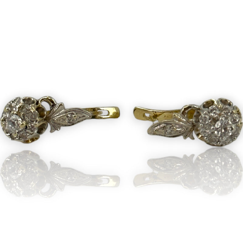 1970s Victorian Revival Solid 14kt White and Yellow Gold Sleeper-Style Cubic Zirconia (CZ) Snap Closure Huggie Earrings