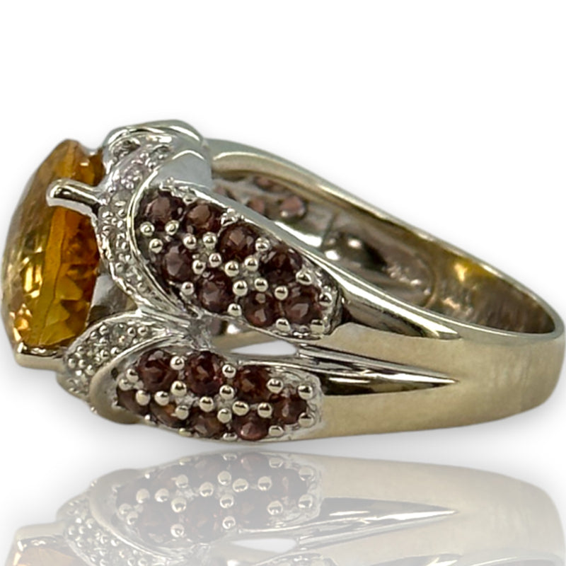 14kt Solid White Gold Cocktail Ring with Large Citrine, Diamonds, and Tourmaline Sides Size 6