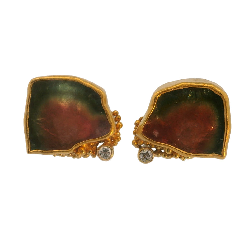 18kt Yellow Gold Handmade Bezel Set Watermelon Tourmaline Slice and Diamond Brutalist Stud Earrings