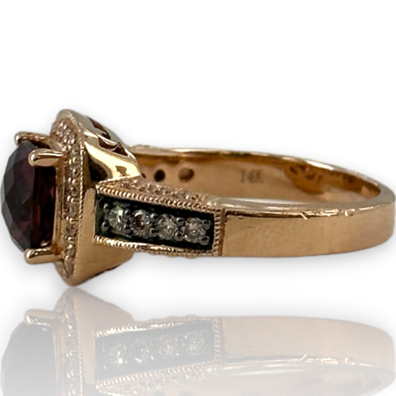 LeVian Solid 14kt Solid Rose Strawberry Gold Vivid Raspberry Rhodolite Garnet and Chocolate Diamonds with White Vanilla Diamond Halo Size 7 Ring