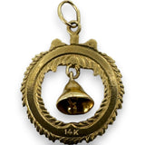 Vintage Enamel Christmas Holiday Wreath Charm Ringing Bell Pendant Solid 14kt Yellow Gold