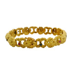 Vintage 1980s Brutalist Solid 18kt Yellow Gold Nugget 8.25" 46.6g Bracelet With Rubies and Sapphires