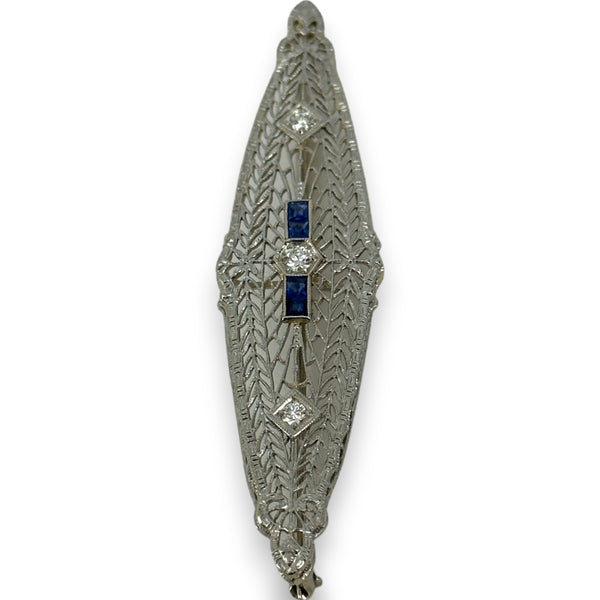 1920s Art Deco 14k White Gold Solid Rhodium Plated Top Blue Sapphire Transitional Cut Diamond Brooch Pin